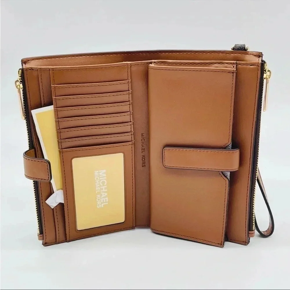Michael Kors Large Double Zip Wallet Wristlet Leather Rich Brown